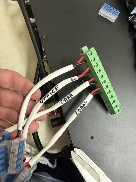 Labeled audio zone wiring for office, cafe and lobby speakers