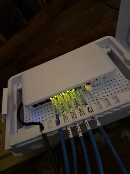 Network switch with Cat6 cabling in an outdoor enclosure